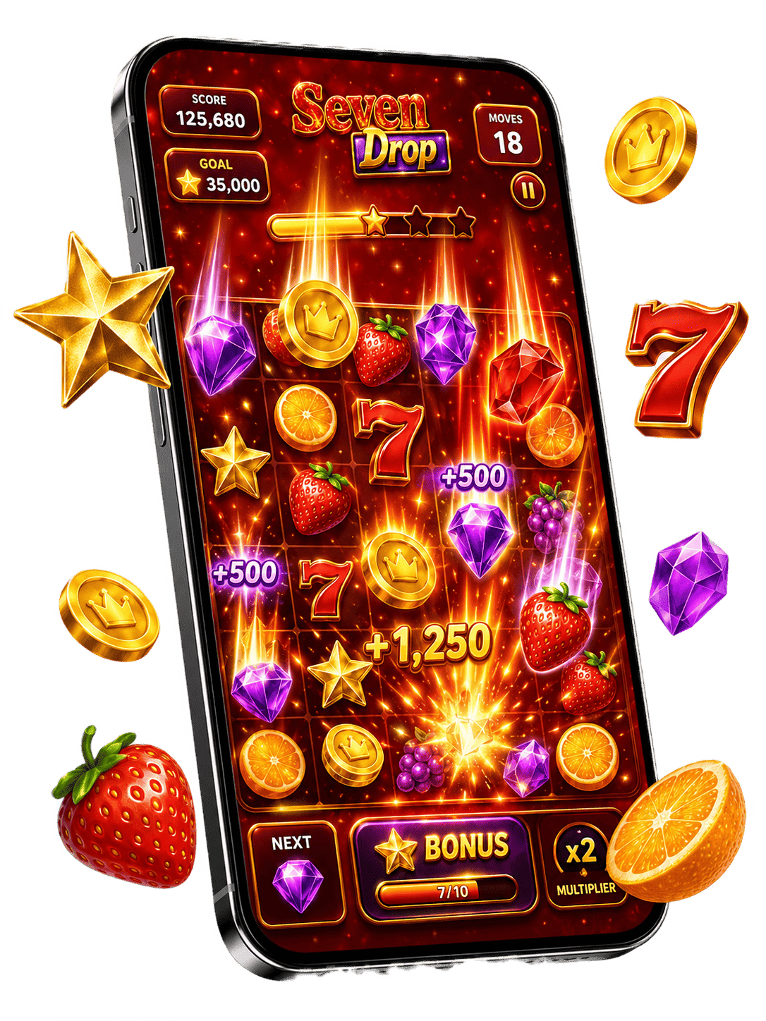777 Slot gameplay shown inside a portrait phone mockup