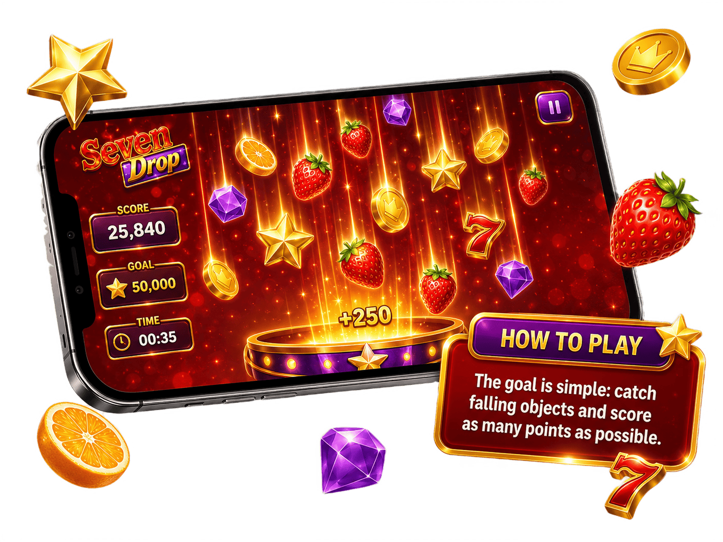 777 Slot landscape gameplay view showing falling objects in motion