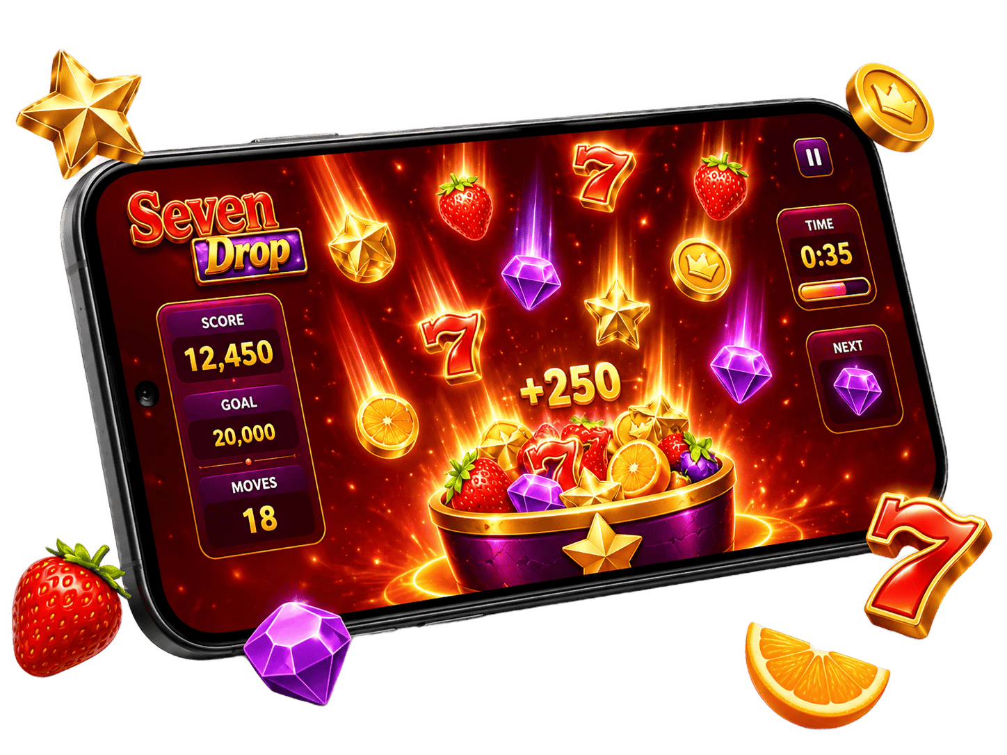 777 Slot active gameplay showing score and falling objects in motion